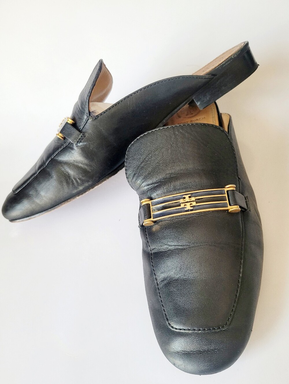 Tory Burch Amelia Calfskin Leather Backless Loafers Gold Logo Hardware Black 9.5 - Picture 5 of 16